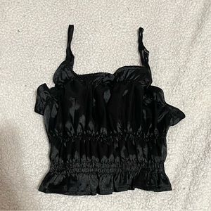 Sling Cropped Top Casual No-Sleeve Ruffle Stretchable Satin Black, Small──★